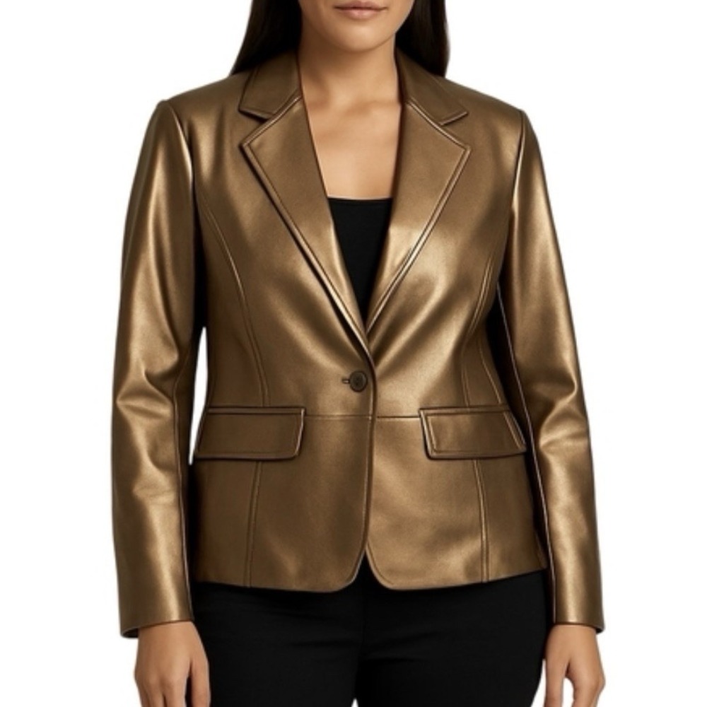 Alfani 100% Leather Blazer Jacket‎ Womens M Metallic Bronze Gold